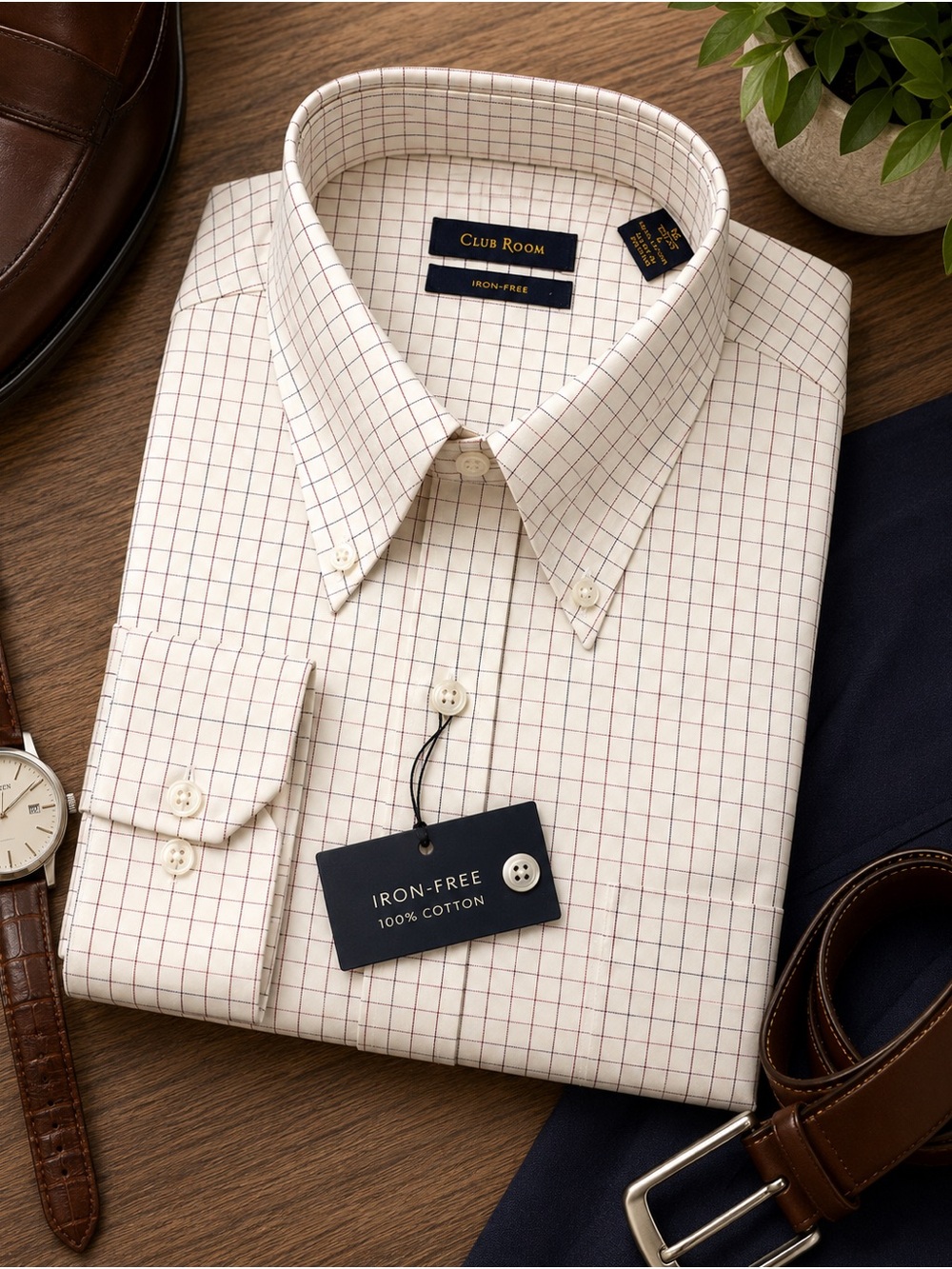 NWT Club Room Iron-Free 100% Cotton Check Dress Shirt 16 32/33 Large